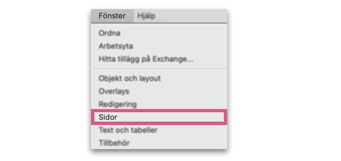 Skärmdump på Fönstermenyn i Indesign