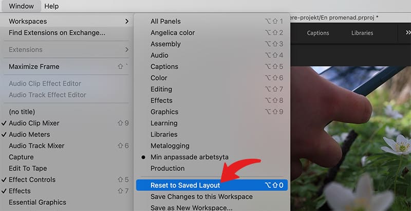 Återställ en arbetsyta i Premiere Pro