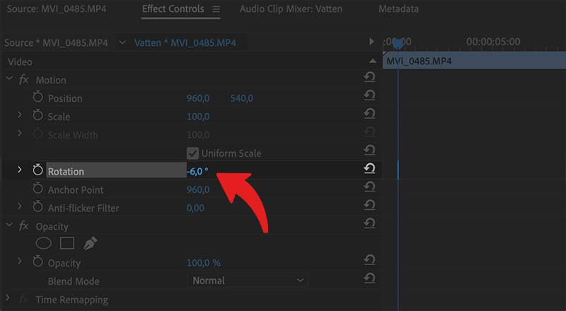 Panelen Effects Control där du kan rotera ditt videoklipp