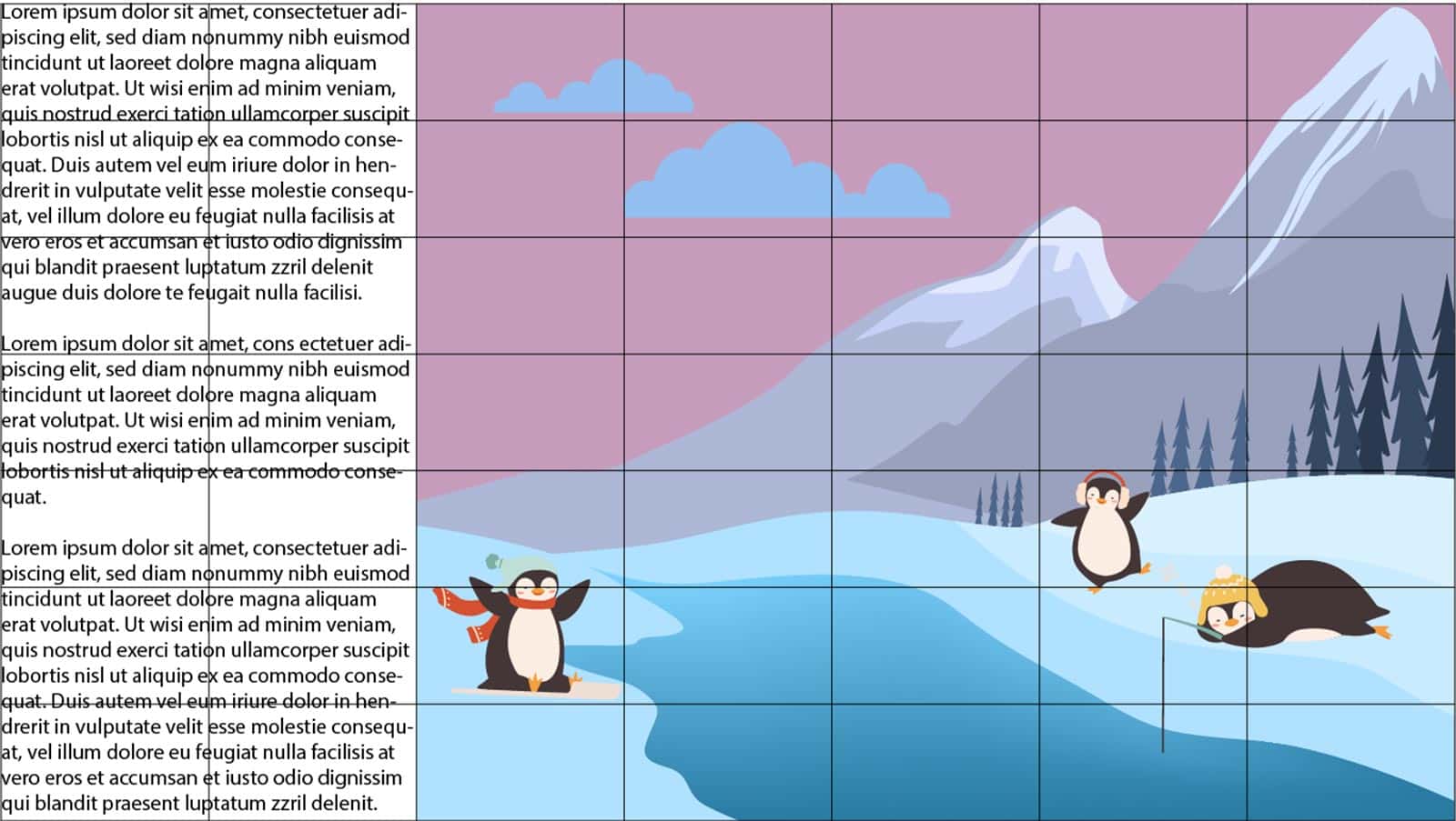 Vektorillustration på pingviner som badar och fiskar i ett isigt landskap till vänster finns det text