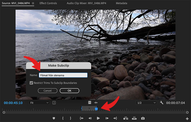 Skapa subclip i Premiere Pro