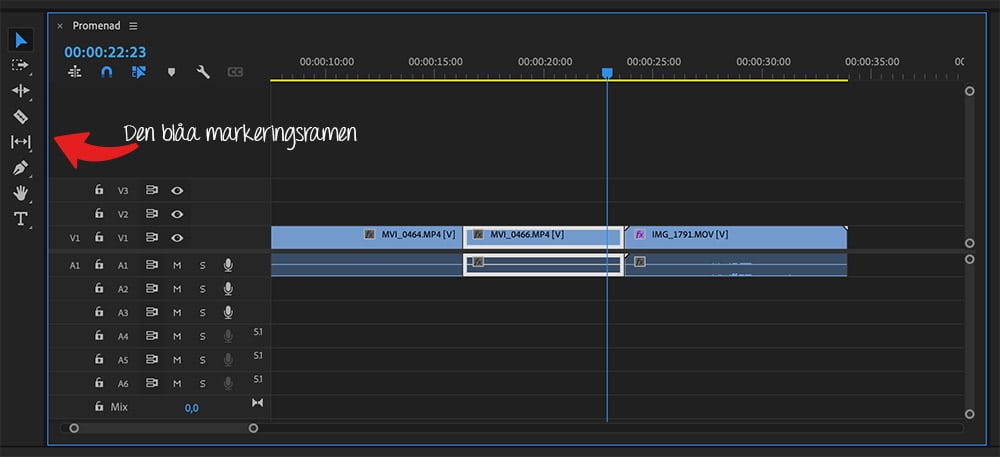 Tidslinjen i Premiere Pro är markerad