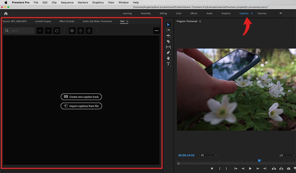 Captions-arbetsytan i Premiere Pro