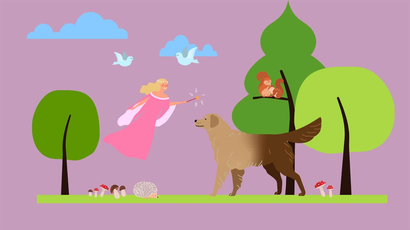 Vektorillustration älva som ändrar färg på en golden retreiver