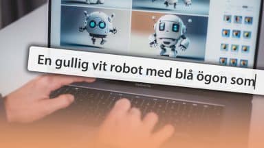 Person promptar fram bilder och prompten "En gullig robot med blå ögon som.." syns förstorat.