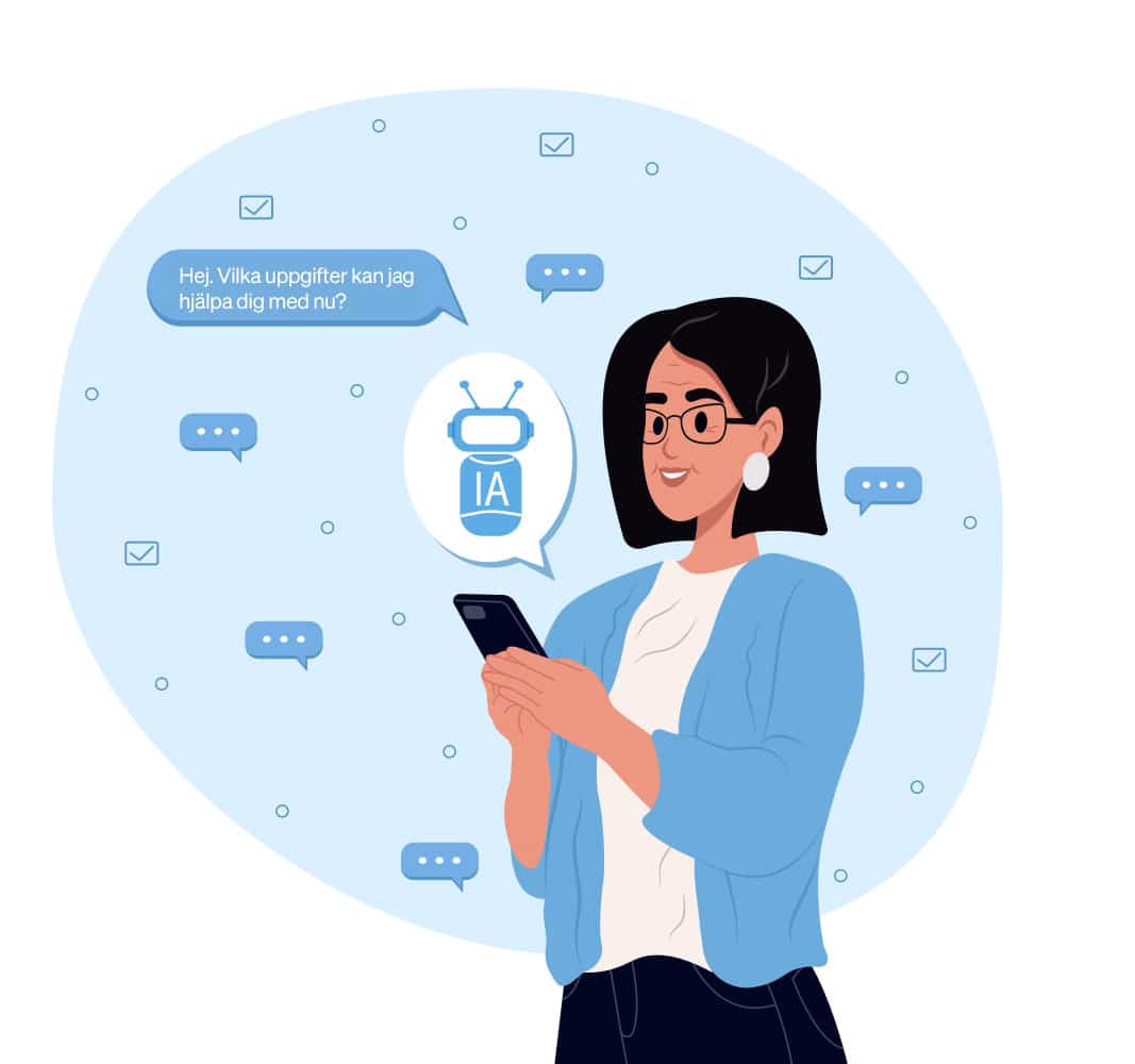 Illustration av en kvinna som tar hjälp av AI i sin telefon. Runt om henne finns flera ikoner av checkboxar, chattmeddelanden. Bilden visar Moderskeppets AI-utbildning.