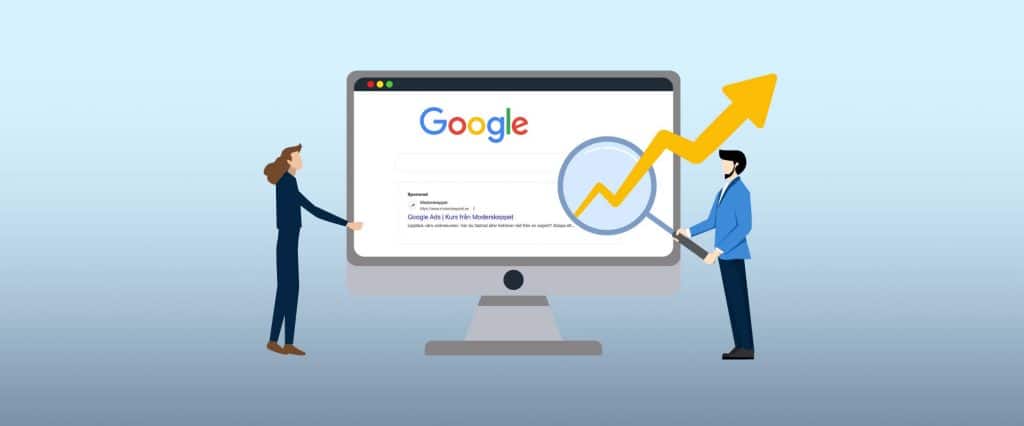 Annonsera med Google Ads. Illustration av två personer som står framför en datorskärm. Skärmen visar en google-sökning efter Google Ads-kursen hos Moderskeppet.