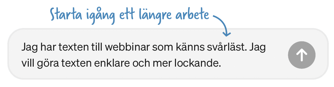 En prompt i ChatGPT med en uppmaning i grafik "starta igång ett längre arbete"