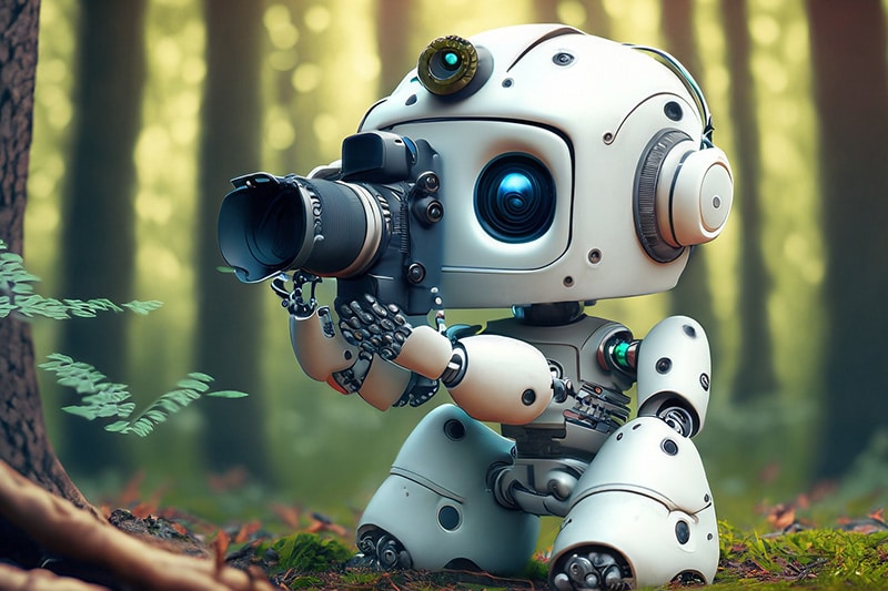 Liten gullig robot står i skogen och fotograferar med kamera.