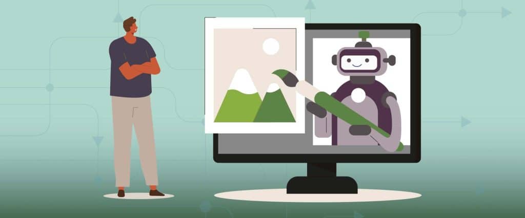 En illustrerad man står med händerna i kors och tittar in i en datorskärm där en robot målar med pensel.