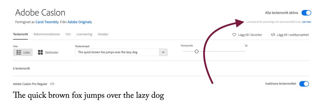 Adobe Caslon hos Adobe Fonts, där en pil visar att typsnittet får användas i kommersiellt syfte.