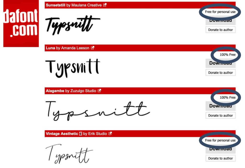 Typsnitt på Dafont.com där det finns indikation på vilken licens som gäller.