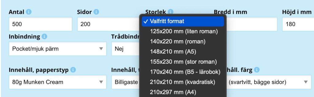 Skärmdump från Lasertryck.se där de erbjuder vissa bokstorlekar men även ett valfritt format.