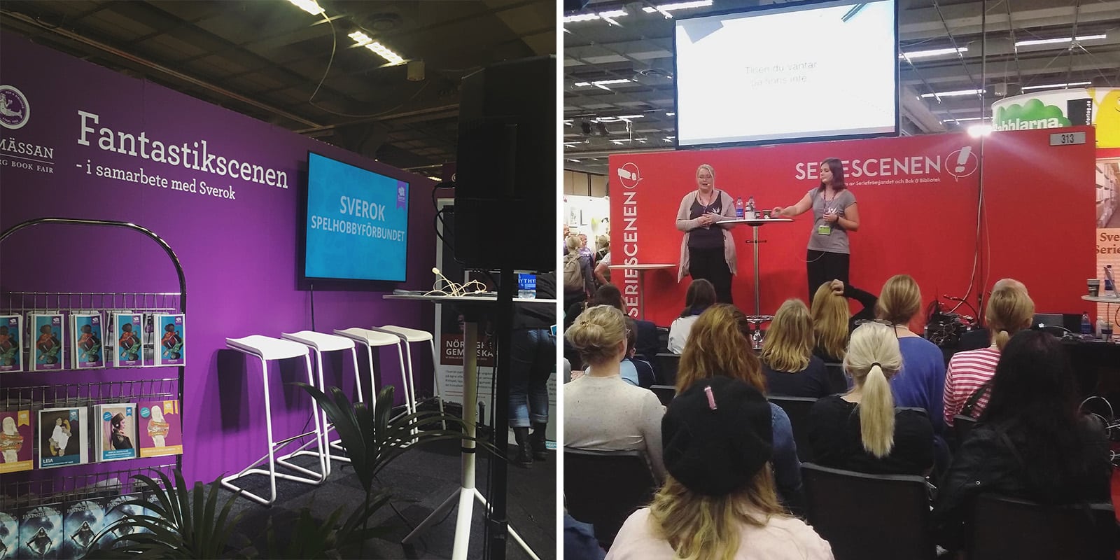 Kollage med två bilder på scener på Bokmässan i Göteborg.
