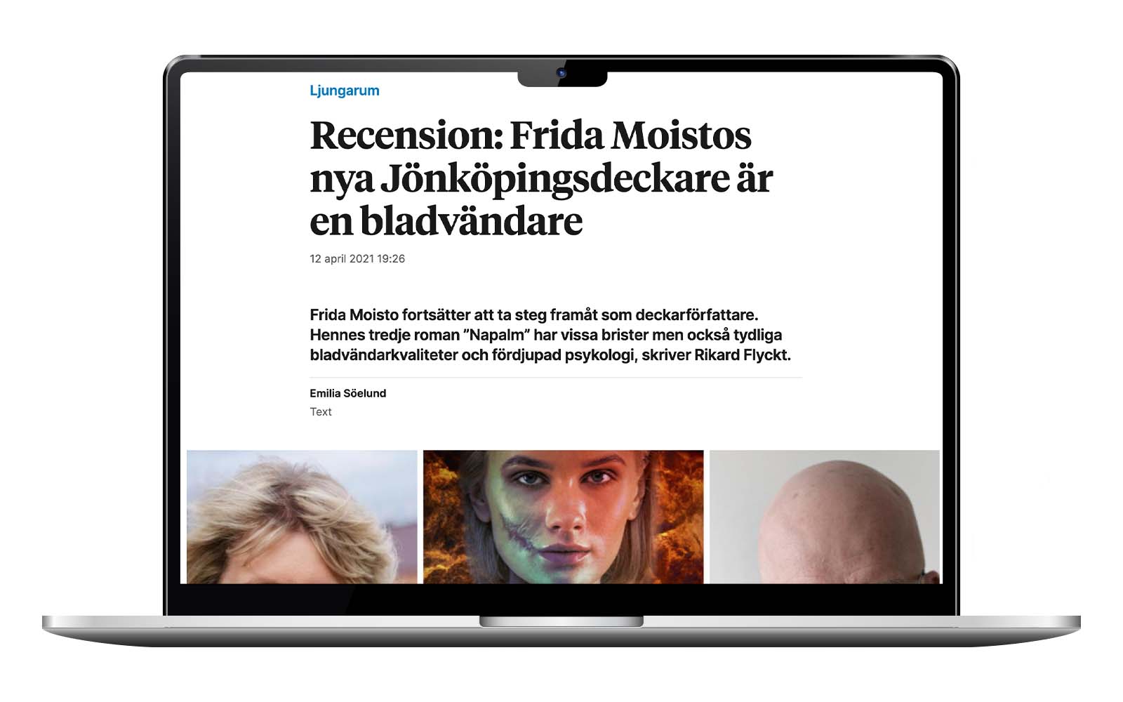 Skärmdump av tidningsartikel med recension av Frida Moistos senaste bok.