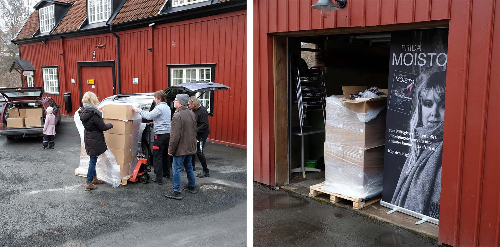 Kollage med två bilder på leveransen av Frida Moistos böcker.