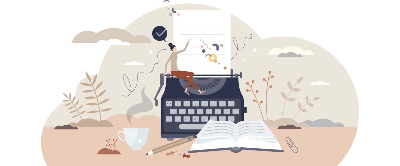 Illustration med skrivmaskin, öppen bok, penna och en kvinna som sitter ovanpå skrivmaskinen