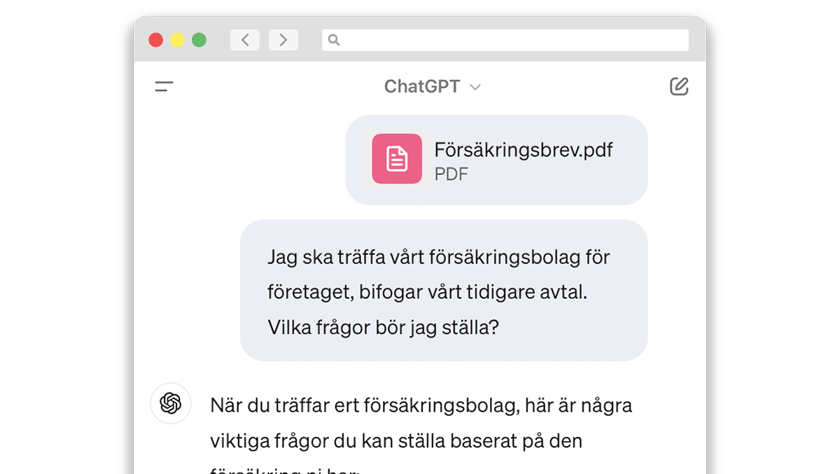 En bifogad pdf och en uppmaning till ChatGPT att lista frågor att ställa till försäkringsbolaget inför ett möte.