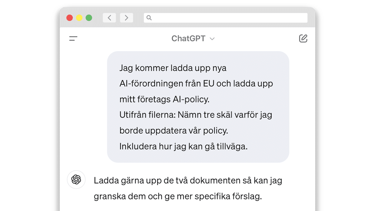 En prompt där AI-verktyget uppmanas att nämna tre skäl till varför en AI-policy bör uppdateras.