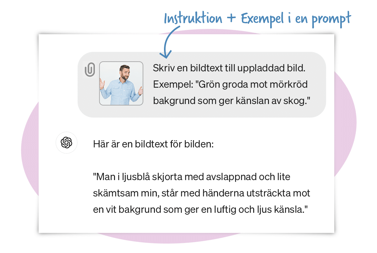 En konversation med ChatGPT där Mattias Karlsson Sjöberg har laddat upp ett foto och ber om en bildtext till bilden som liknar ett exempel han har klistrat in.