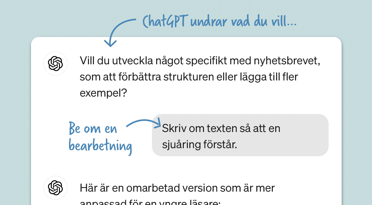 En prompt som uppmanar AI-verktyget att skriva om en text så att en sjuåring förstår.