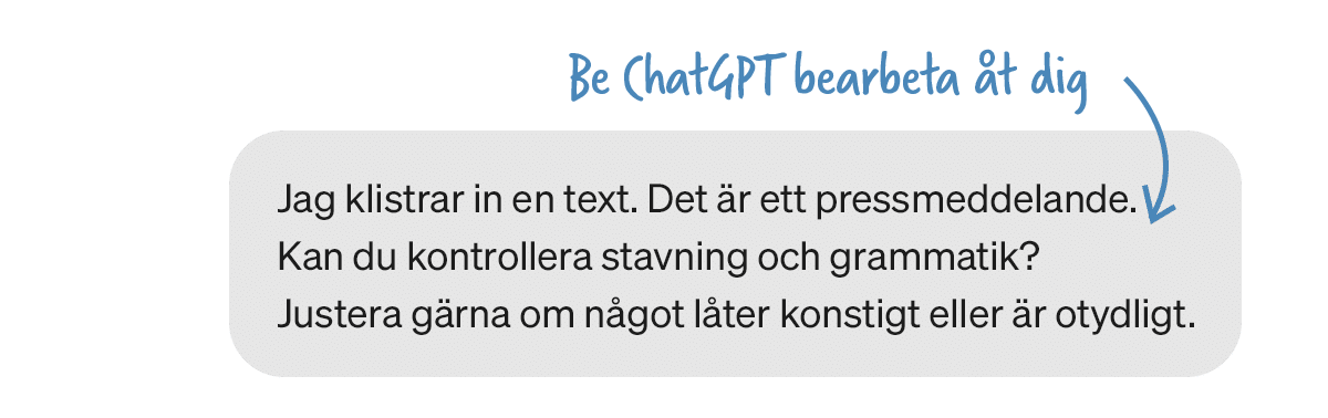 En prompt som uppmanar AI att kontrollera stavning och grammatik i ett skrivet pressmeddelande. Bearbetning av text är typiskt användande av ChatGPT på jobbet.