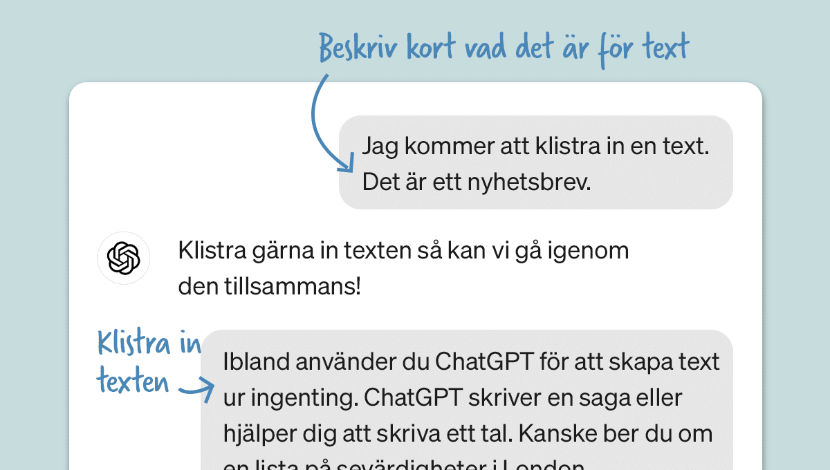 En prompt som förbereder ChatGPT på att det kommer en text från ett nyhetsbrev som är skriven i jobbsammanhang.