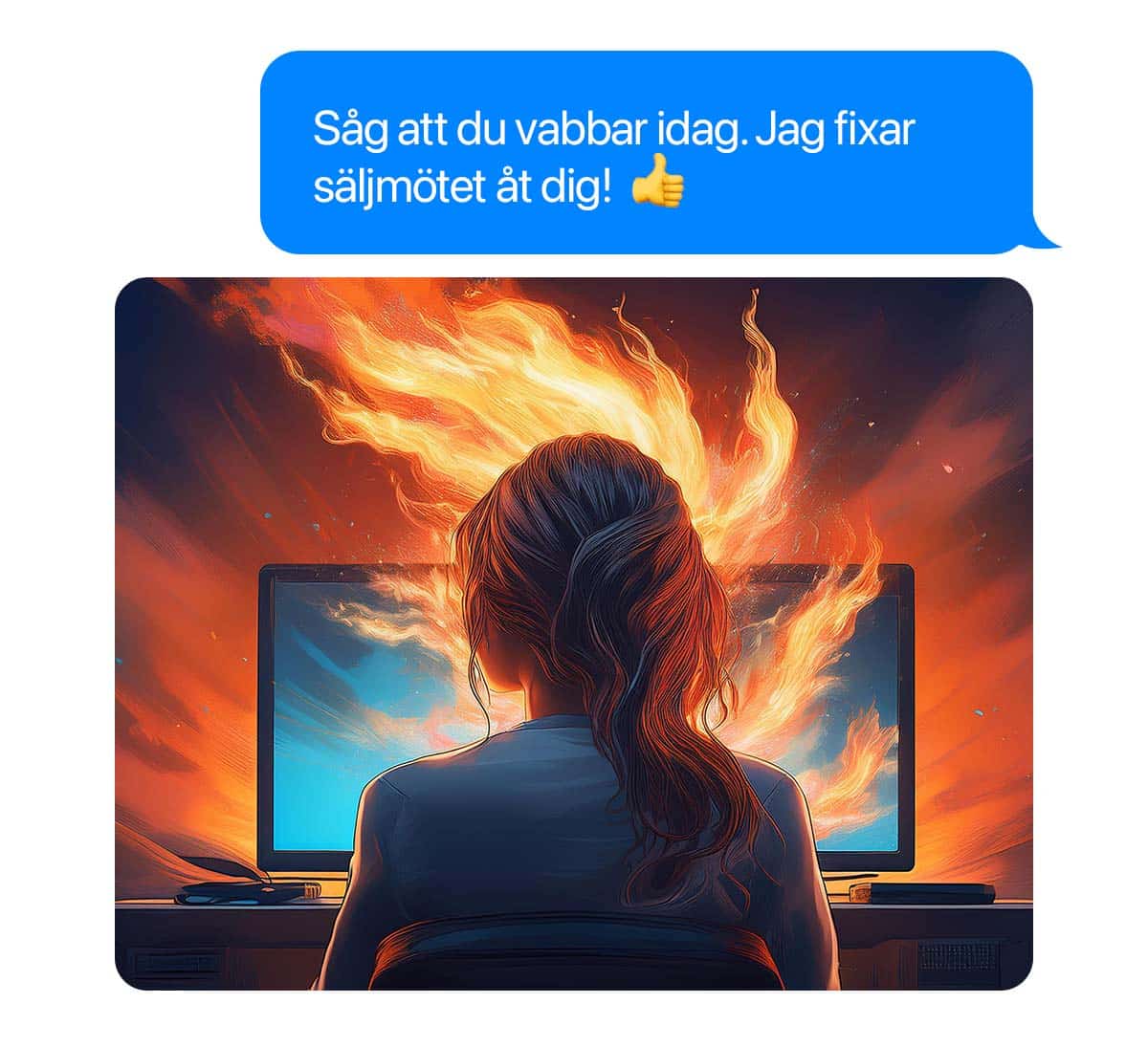 En sms-tråd där ena parten har skickat en AI-bild föreställande en kvinna som sitter vid en skärm med eld runtom. I smset ovanför står det "Såg att du vabbar idag. Jag fixar säljmötet åt dig!"