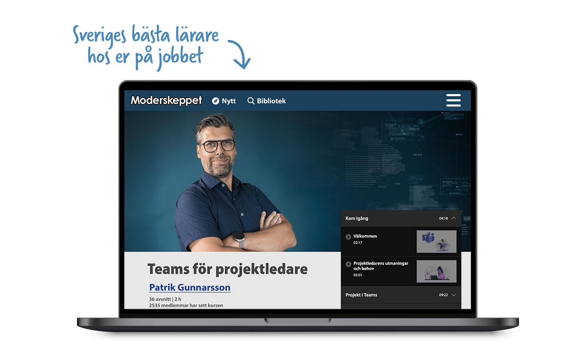 Omslagsbild i en laptop-mockup av Moderskeppets onlinekurs Microsoft Teams för projektledare.
