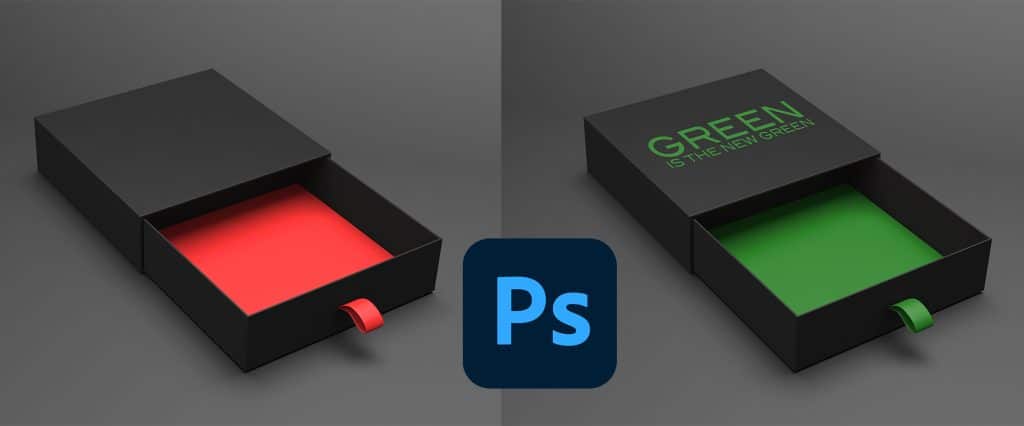 Omslag till kursen Arbeta effektivt i Photoshop. Två lådor, den ena med rött innehåll och den andra med grönt som visar före och efter handpåläggning i Photoshop.