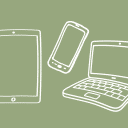 En illustration av digitala enheter – en surfplatta, en smartphone och en laptop ritade med vita linjer på en olivgrön bakgrund. Symboliserar responsiv webbdesign och tillgång till digitalt innehåll på olika enheter.