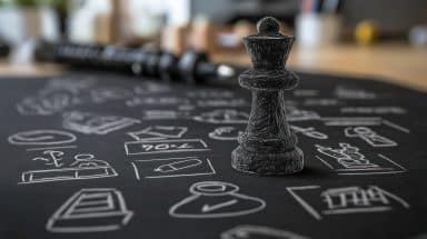 En schackpjäs rör sig över ett svart papper med vita ikoner som illustrerar kompetensförsörjning.