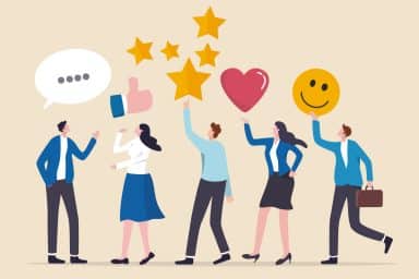 Illustration av glada medarbetare som uttrycker uppskattning, glädje och engagemang – symboliserar en stark medarbetarupplevelse (Employee Experience).