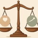 En klassisk vågskål i trä balanserar två symboler – en med ett hjärta på vänster sida och ett med en pil som pekar snett uppåt på höger sida. Bilden symboliserar balansen mellan att stötta och att utmana som en coachande ledare.