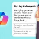 Illustration av en person som funderar framför ett textfält där en AI-agent presenterar sig och föreslår frågor, som “Hur många semesterdagar har jag?” och “Hur rapporterar jag en arbetsplatsolycka?”. Bredvid syns Microsoft Copilot-loggan.
