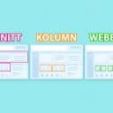 Tre mockups av en SharePoint-webbplats. På respektive mockup är byggstenarna ”avsnitt”, ”kolumn” och ”webbdel” markerade med olika färger.