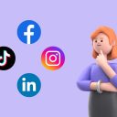 En illustrerad kvinna ser fundersam ut när hon tittar på logotyperna för TikTok, Facebook, LinkedIn och Instagram.