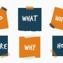 En illustration av fem uppklistrade lappar, varannan blå varannan orange med testerna why, what, when, where, why och how på.