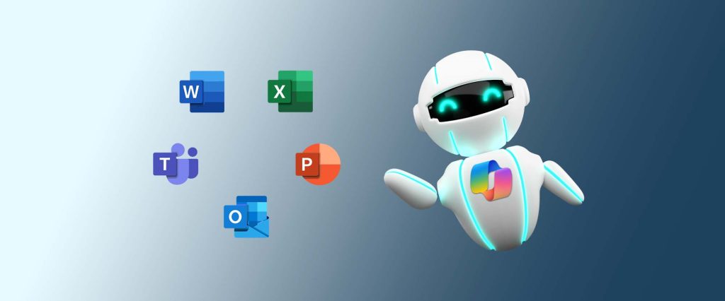 Omslagsbild av kurs Copilot från början som visar en glad robot med Copilot-logotypen på magen som pekar på logotyperna för Microsoft Word, PowerPoint, Excel, Outlook och Teams.