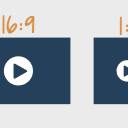 En illustration som visar två olika format för videor på sociala medier. Den består av två blå rutor med en playsymbol inuti. Rutorna är i olika storlekar med siffrorna 16:9 ovanför den ena och siffrorna 1:1 ovanför den andra.