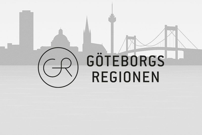 En siluett av Göteborg med omnejd där Göteborgsregionens logotyp ligger ovanför.