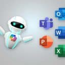 En vit Copilot-robot pekar logotyper för Microsofts logotyper för Teams, PowerPoint, Outlook, Word och Excel.