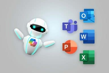 En illustrerad Copilotrobot står med armarna utsträckta och intill finns ikonerna för de vanligaste M365-programmen.