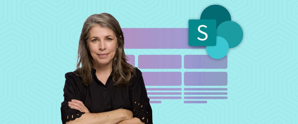 Porträtt av Angelica framför en illustration av en SharePoint-webbplats. Till höger syns SharePoints logotyp.