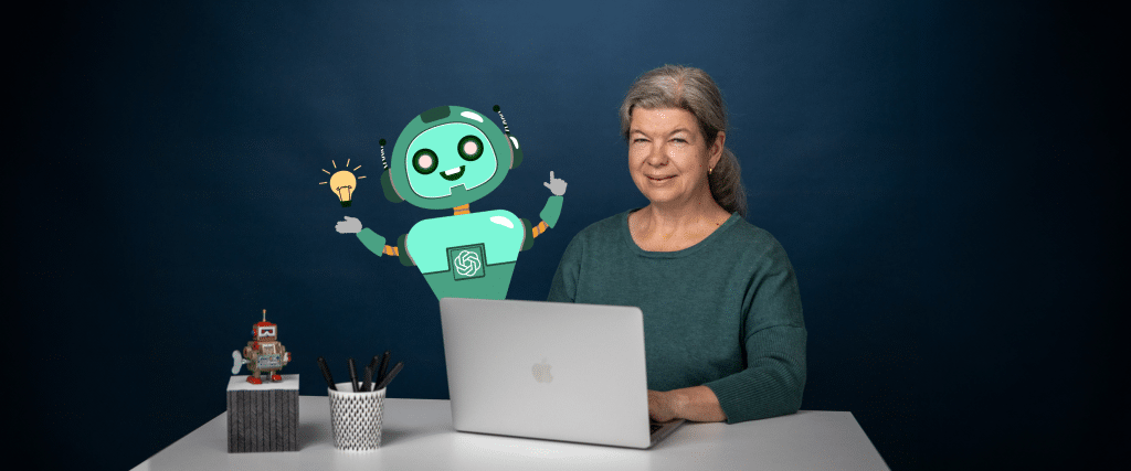 En kvinna sitter vid ett skrivbord med en öppen laptop framför sig och en tecknad ChatGPT-robot jämte sig.