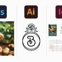 Bilden visar tre olika Adobe-program och deras användningsområden. Till vänster syns en bild på händer som håller potatisar med Adobe Photoshop-ikonen ovanför, vilket indikerar bildredigering. I mitten finns en svartvit logotyp med en ros och bokstaven 'B', med Adobe Illustrator-ikonen ovanför, som representerar vektorbaserad grafisk design. Till höger syns en layout med text och bilder, med Adobe InDesign-ikonen ovanför, som visar programmet för layout och trycksaksdesign