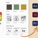 Bilden visar en översikt av Adobe CC Library och dess användningsområden. Till vänster syns en färggrann ikon för CC Library med texten 'CC Library' under. Ovanför listas tre färgprover med koderna #4C473B, #698C6B, och #C59624 under rubriken 'Färger'. Under detta finns tre grafiska ikoner (en spade och en gaffel, en bi, samt ett par handskar) med rubriken 'Grafik' och beskrivningarna Teckning 6, Teckning 7, och Teckning 8. Längst ned visas styckeformat med ikoner för 'Brödtext', 'Huvudrubrik', och 'Ingress'. Till höger syns ikoner för Adobe-programmen After Effects, Illustrator, InDesign, Photoshop, Premiere Pro, och XD, med en pil som pekar från CC Library till dessa program.