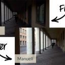 En jämförelsebild som visar skillnaden mellan automatisk och manuell kamerainställning. Den övre halvan, märkt 