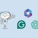 Illustration av AI-robot och logotyper för grammarly, ChatGPT och Copilot