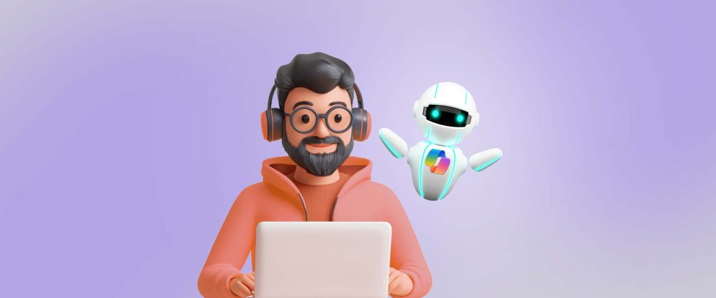 Omslagsbild för kursen Copilot i Teams. En illustrerad man med hörlurar sitter framför en laptop. Intill finns en robot med Copilot-logotyp på magen.